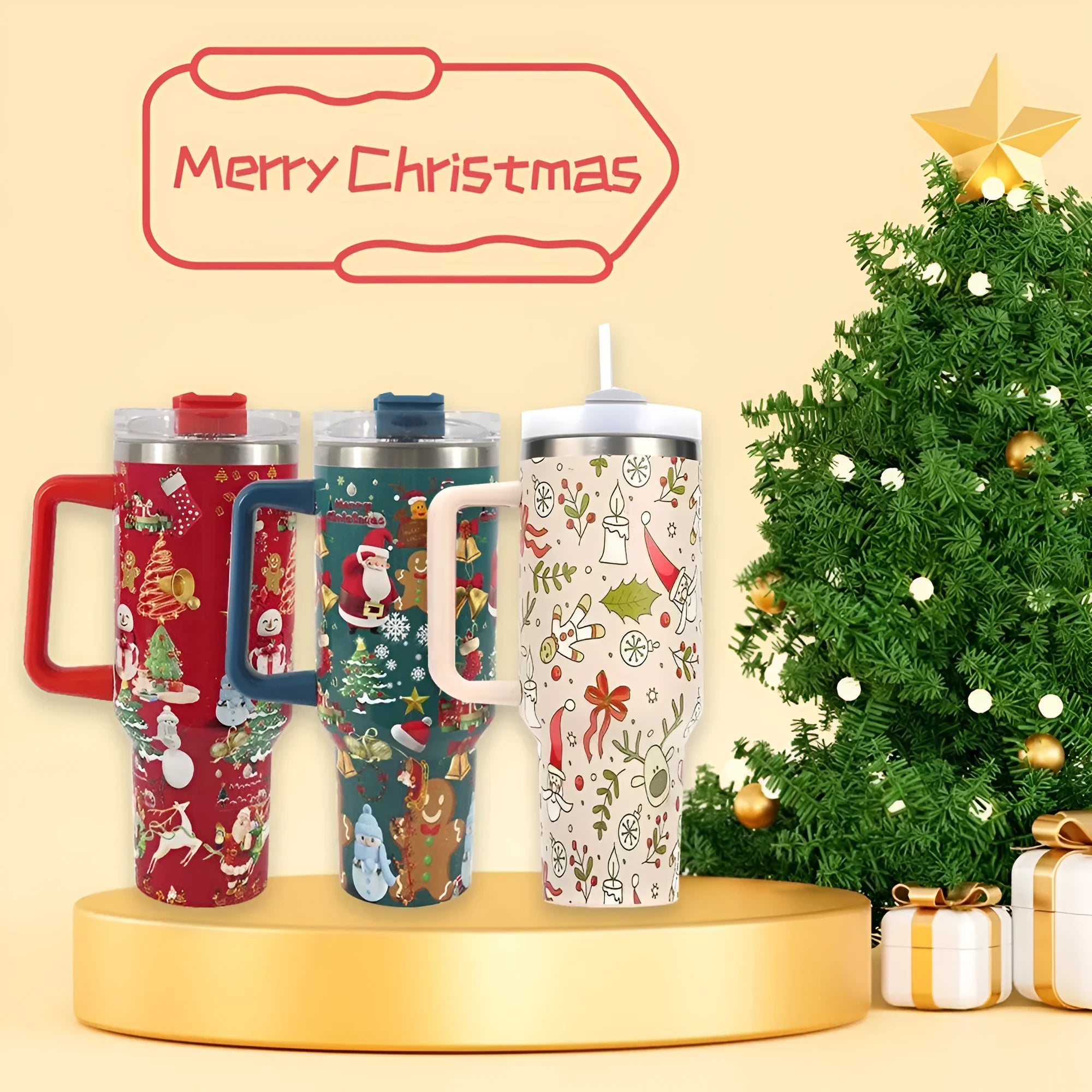 Christmas pattern stainless steel travel tumbler with handle showing capacity measurements and car holder compatibility