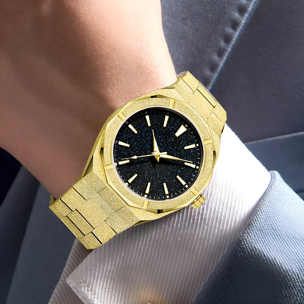 Men's frosted stainless steel business watch with luminous hands in black, gold or silver