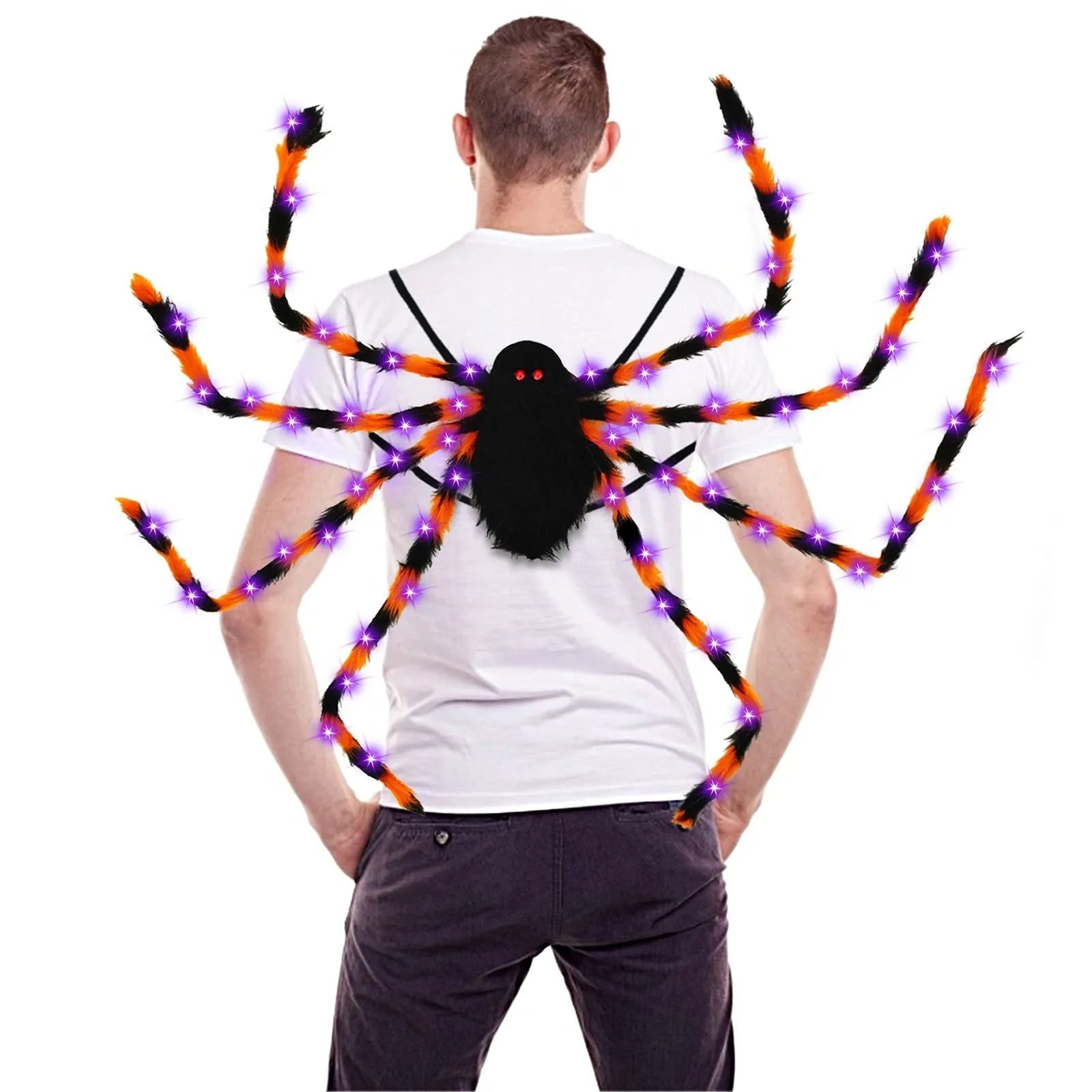 Halloween spider backpack with LED lights in plush sugar bag design, shown in multiple colour options.