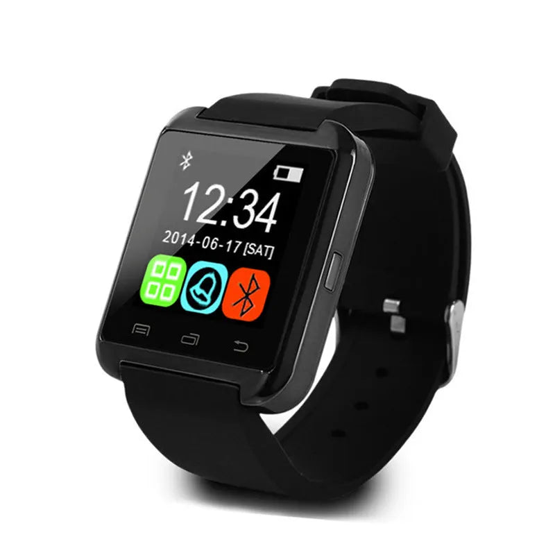 U8 Smart Bluetooth Watch in black, red, or white, showing simple three-dimensional design on wrist.