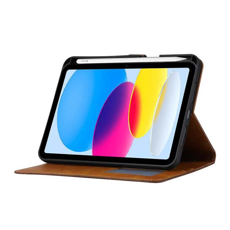 Classic kneading leather flip protective cover for Apple iPad in black, showing business design.