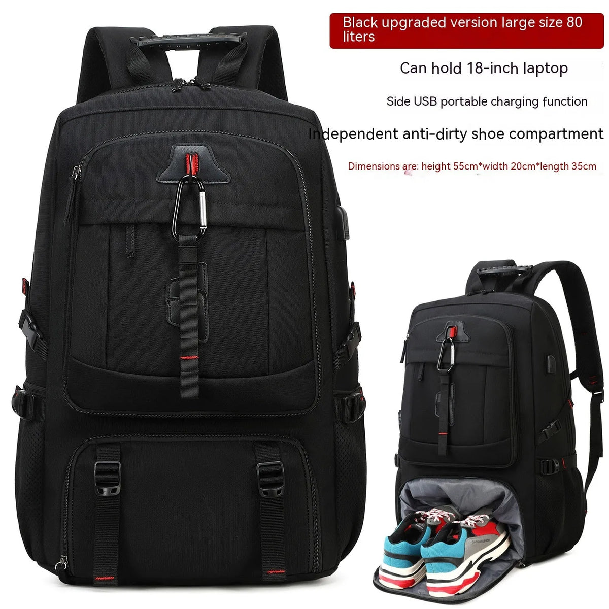 Large capacity business travel backpack for men with Oxford cloth, composite cowhide features and USB interface, 55cm x 20cm x 35cm