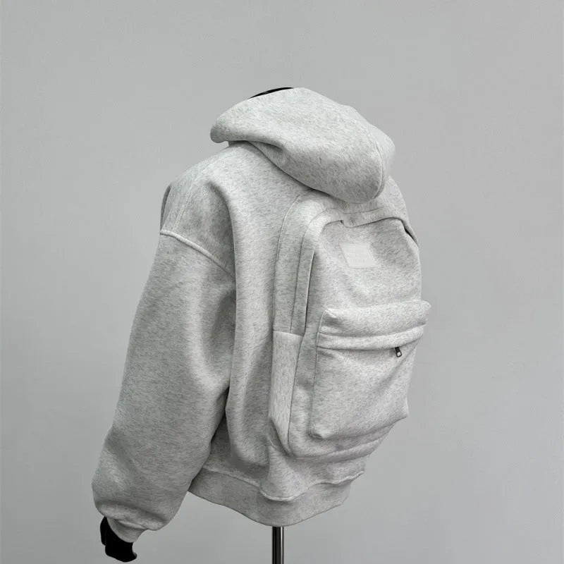 Men's light grey hooded hoodie with schoolbag design, polyester cotton blend fabric, shown front view