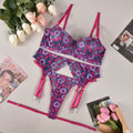 Rose red women's two-piece bikini set with contrast colour panels and fashion embroidery detail.