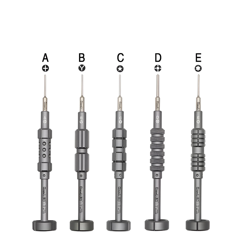 Precision screwdriver with grenade-shaped aluminium handle and multiple bit types for iPhone repair