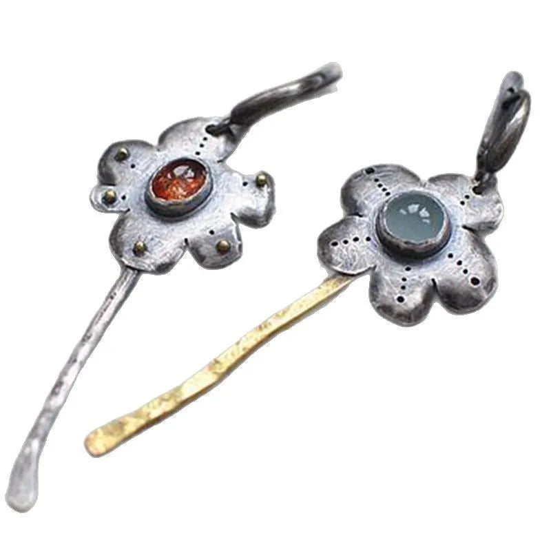 Retro style two-tone geometric drop earrings with asymmetric floral design