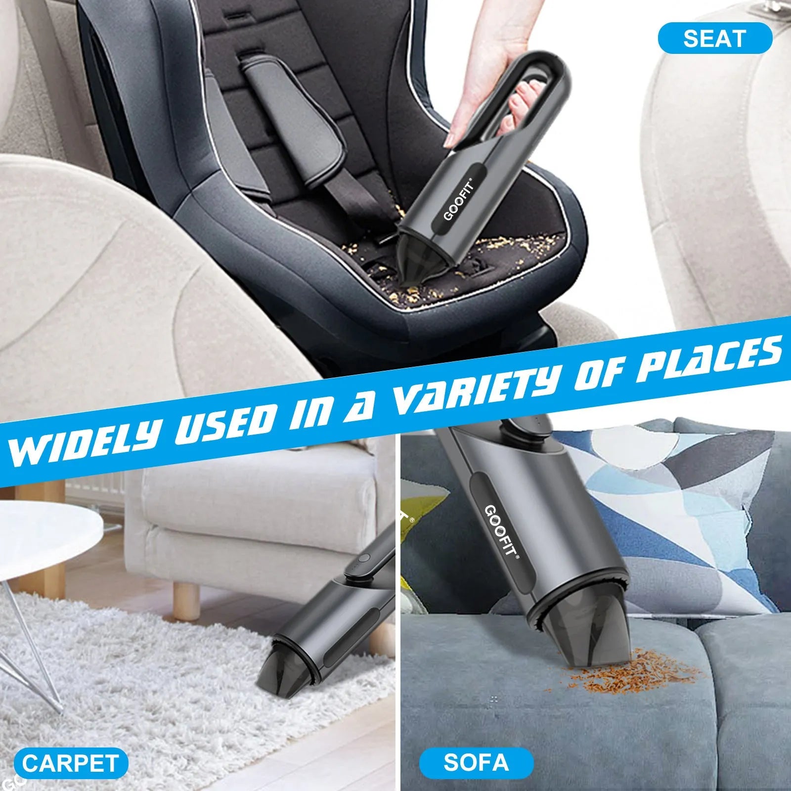 Black portable wireless handheld car vacuum cleaner with brush and flat attachments