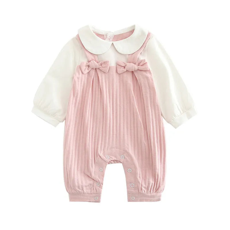 Pink cotton baby girl's long sleeve jumpsuit with single-breasted closure