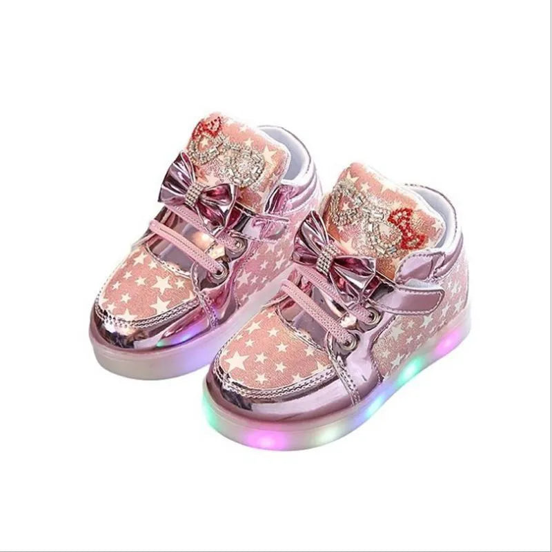 Children's LED light up shoes with button activation in golden, pink, or silvery colours