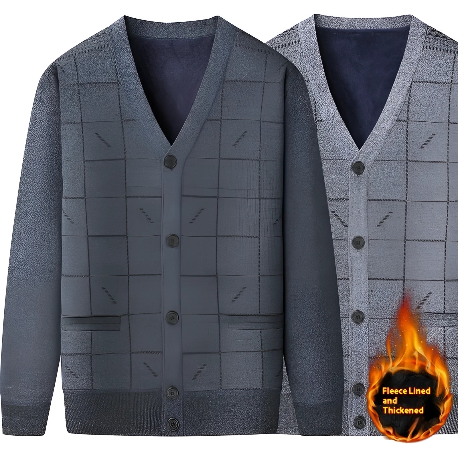 Men's grey batwing sleeve cardigan with wool lining shown on a hanger.