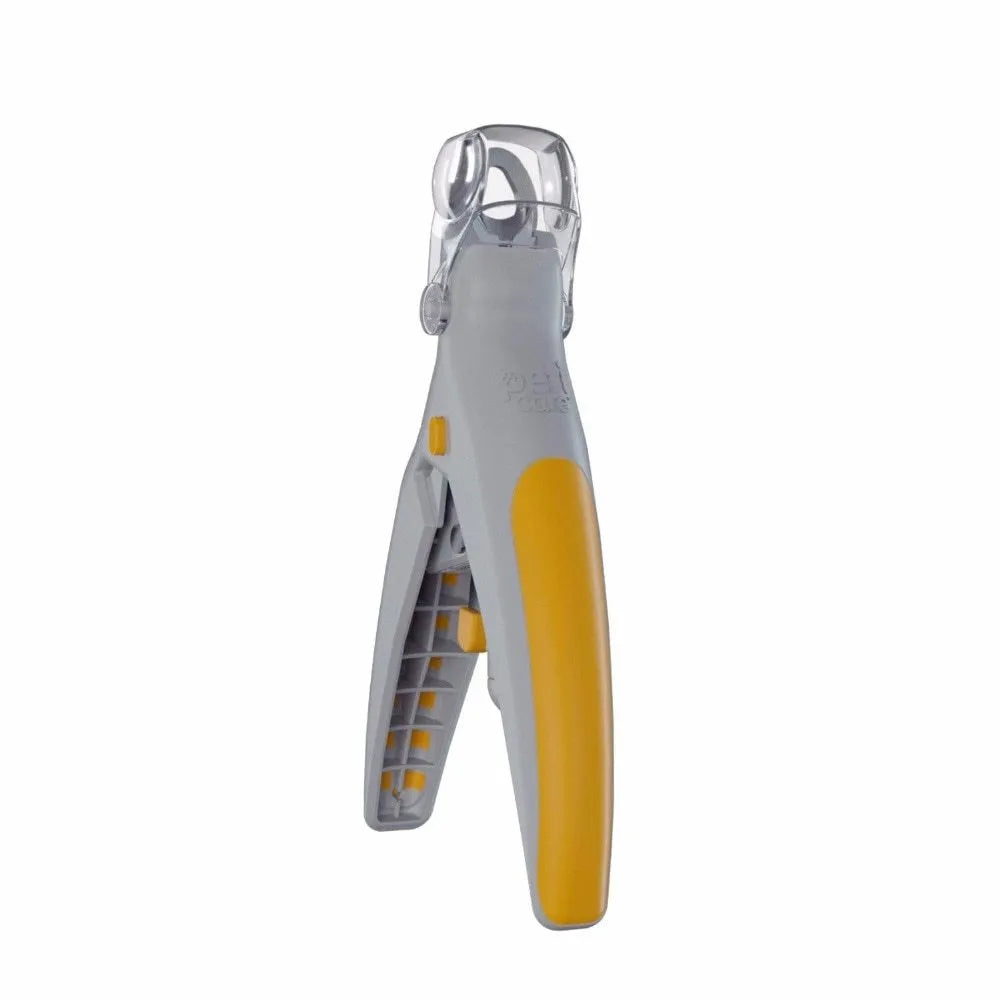 Yellow and grey pet nail trimmer clipper with LED light and magnifying glass on white background