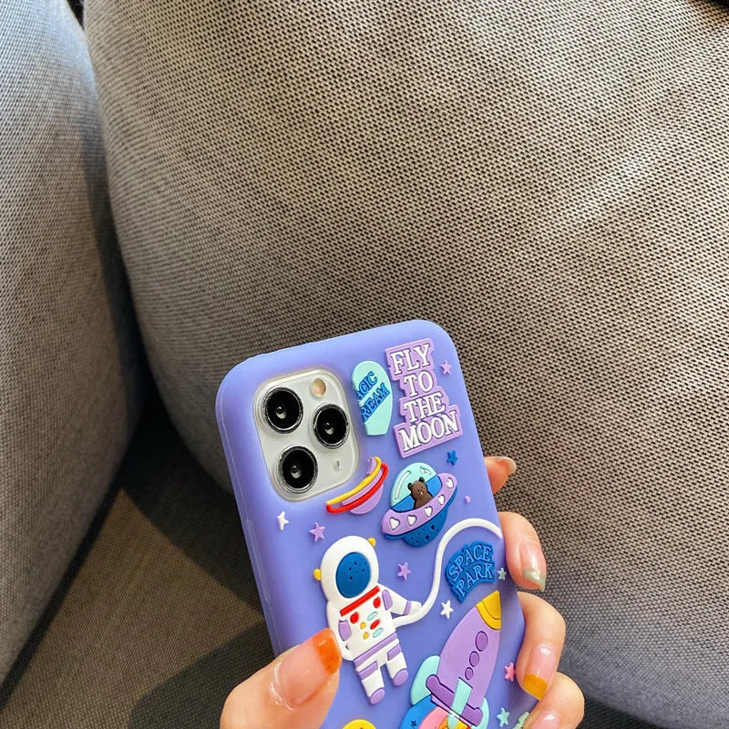 Purple translucent silicone iPhone case featuring a cartoon astronaut graphic.