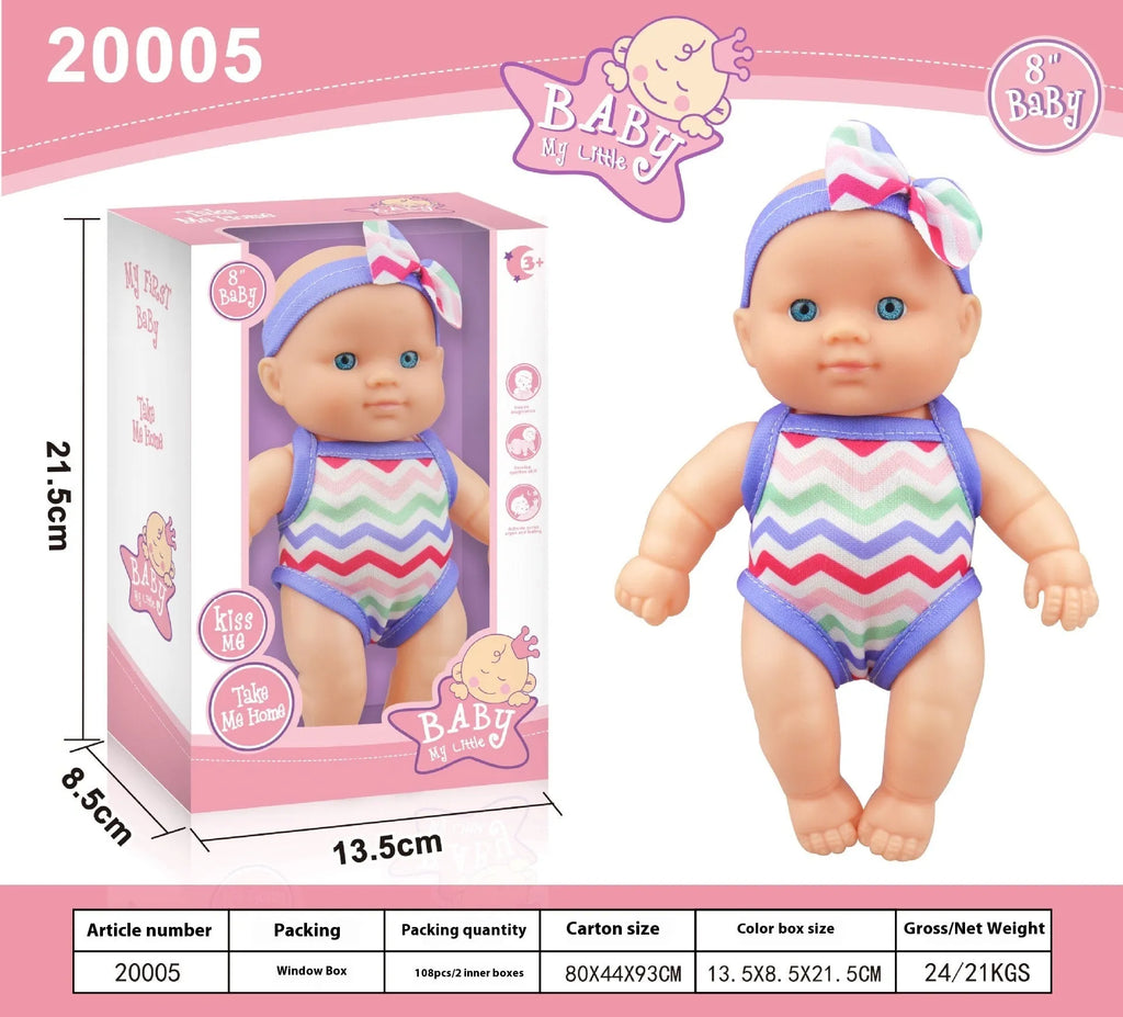 Simulation baby vinyl figurine doll measuring 21.5cm tall, displayed in one of six available colour finishes.