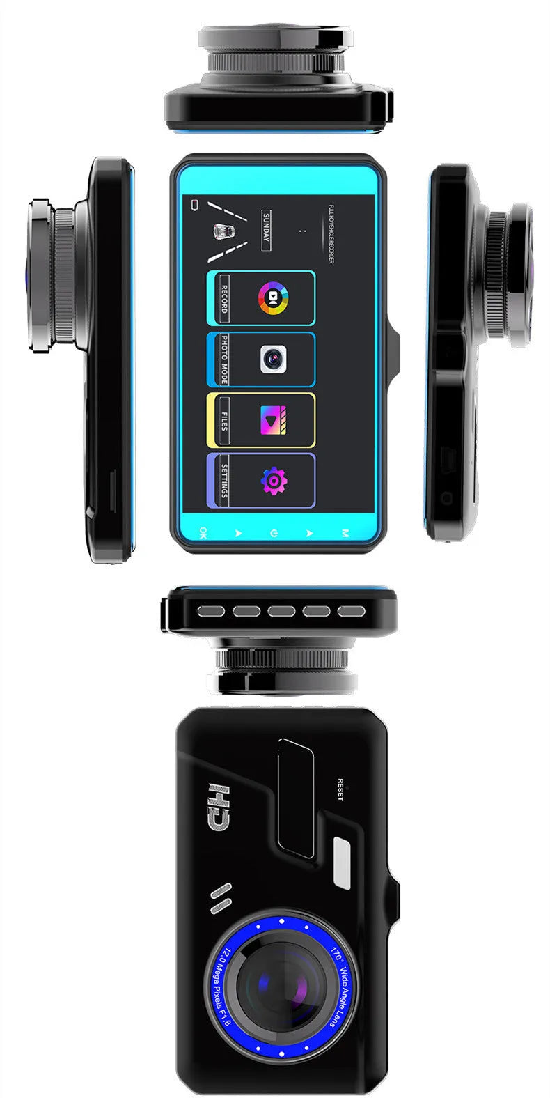 Black car driving recorder with 4 inch touch screen and dual lenses for front and rear recording