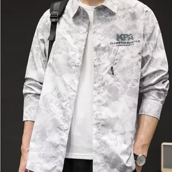 Men's retro camouflage linen shirt long sleeve casual Japanese style