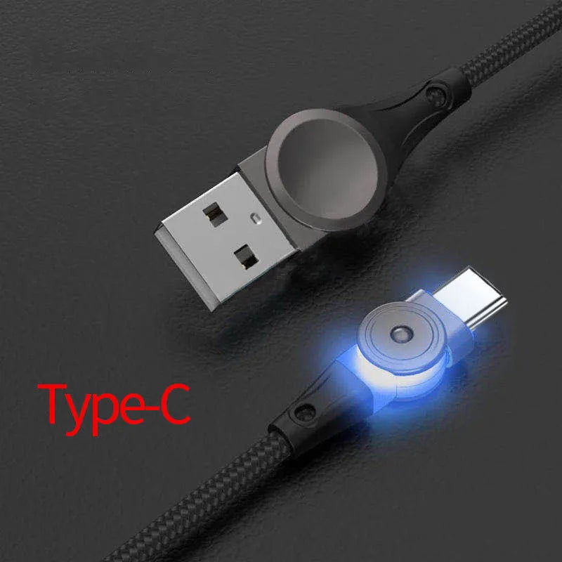 Black USB charging cable with rotating zinc alloy connector for Android and Apple phones.