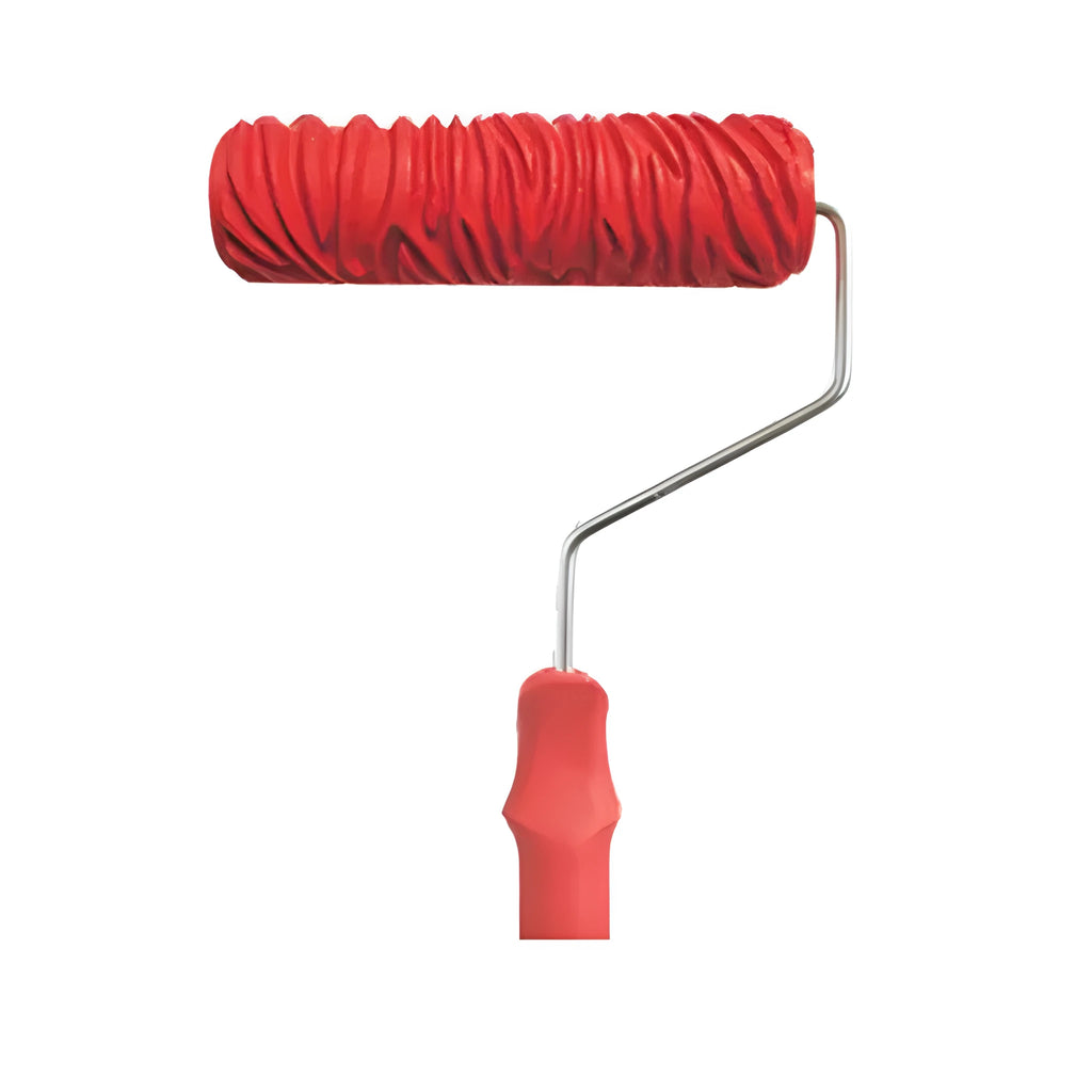 Red 7 inch texture paint embossing roller with rubber patterned surface for creating relief wall effects
