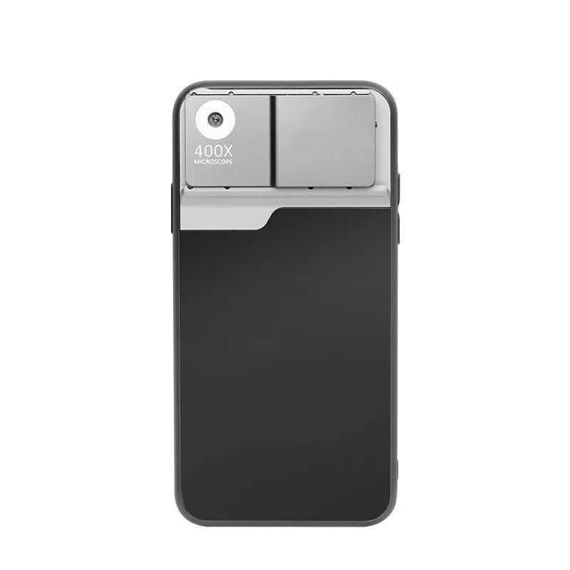 Black and silver 400X mobile phone microscope lens with aluminum alloy TPU case for iPhone.