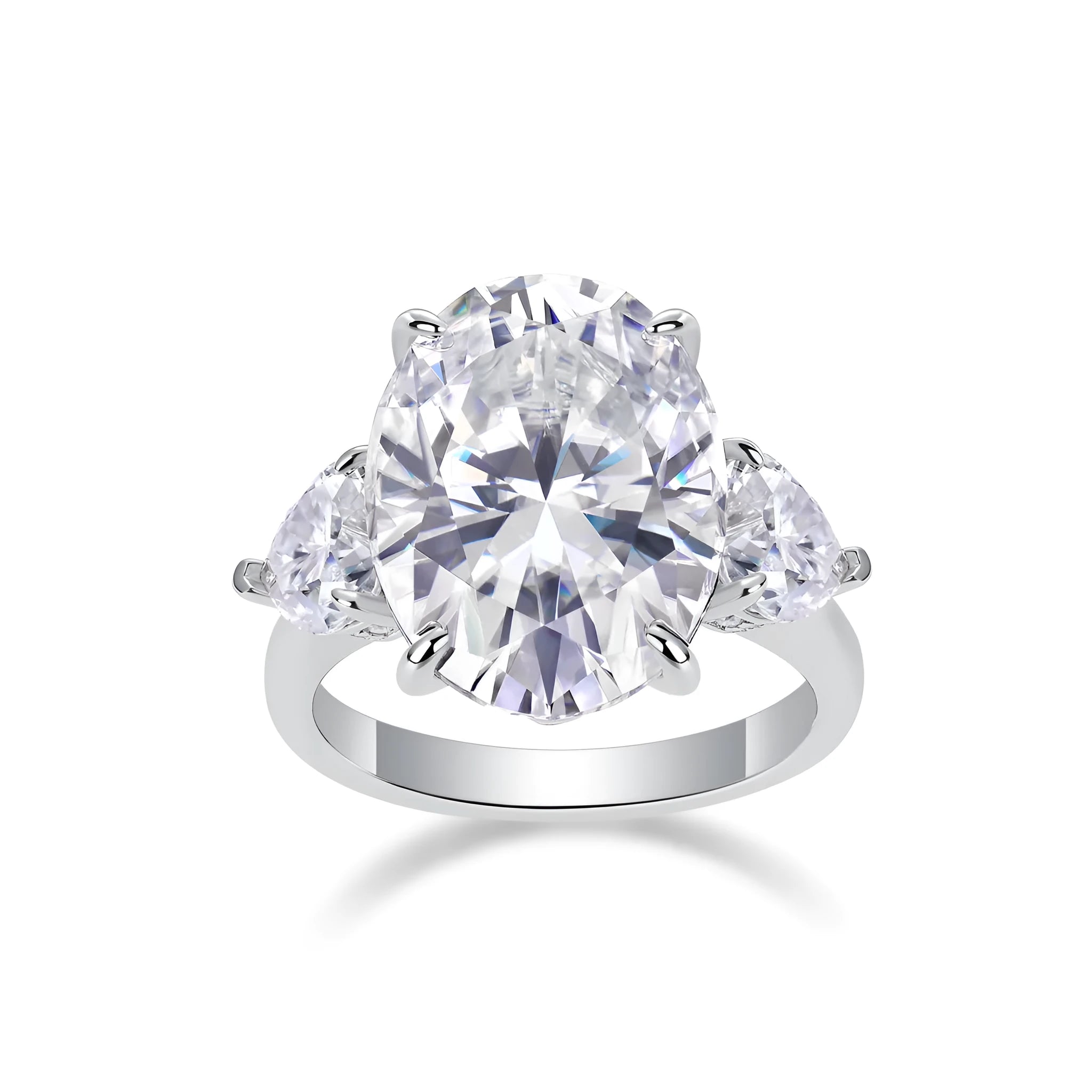 Soul Resonance wedding ring set with egg-shaped moissanite in platinum-plated S925 silver on a white background