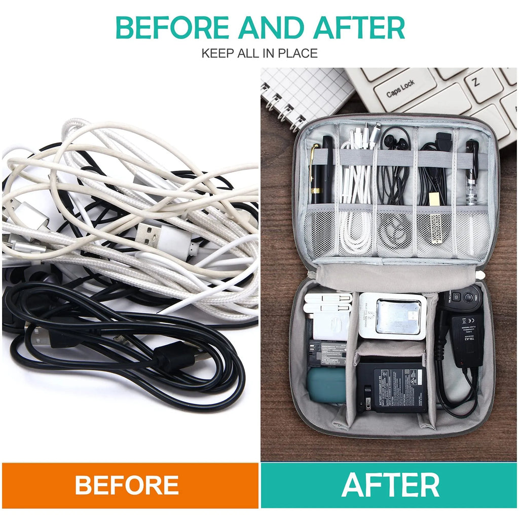 Black and grey waterproof travel cable organiser bag open, showing mesh pockets and removable padded dividers inside.