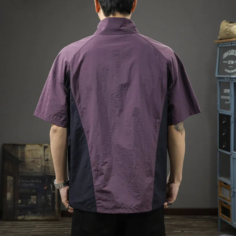 Brown men's Ice Silk half-zip shirt with stand collar and short sleeves laid flat