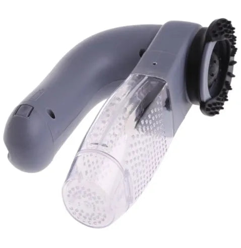 Grey electric pet hair vacuum grooming brush with rubber head and collection canister