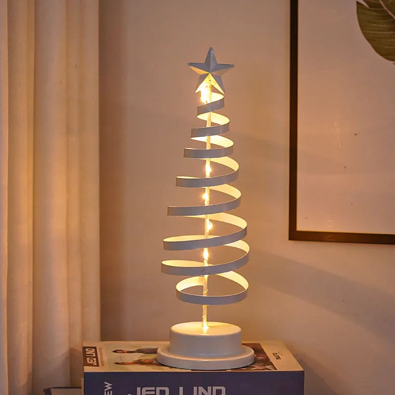 Metal spiral Christmas tree table lamp with warm white LED lights, 33cm tall.