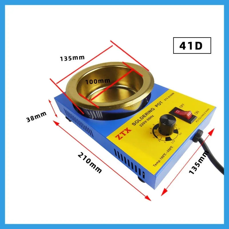 Desktop tin melting furnace with thermostat dial and titanium-plated pot on a workbench.