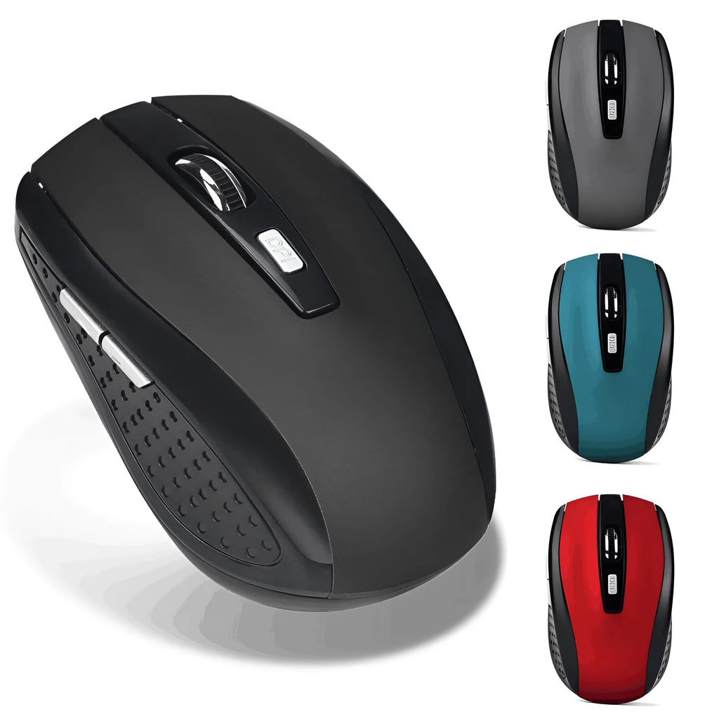 Matte wireless optical mouse in black, blue or silver grey with 2.4GHz USB connection, 1200dpi sensor and four-way wheel