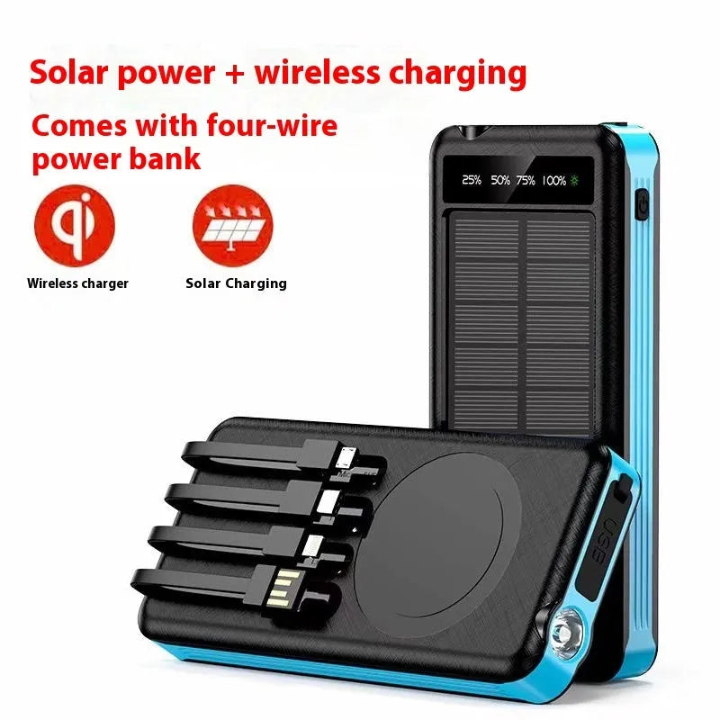 Solar charging unit with cable, 10000mAh waterproof power bank with IP65 shell, lantern and wireless charging
