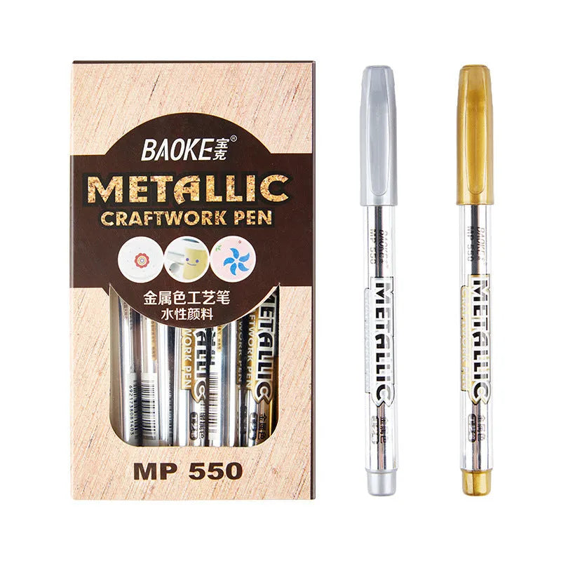 Baoke 550 metal marker pen with 1.5mm single head, 14cm ink pen body, shown in gold and silver refill colours.