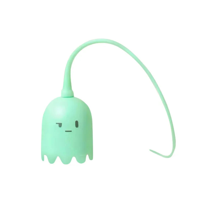 Electronic cat toy with swinging green silicone tail on plastic base