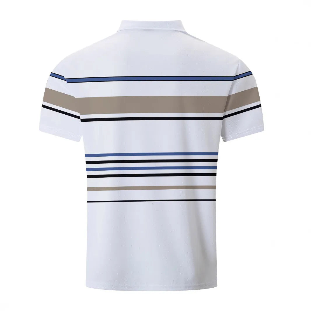 Men's white striped polyester short sleeve t-shirt for summer business casual wear