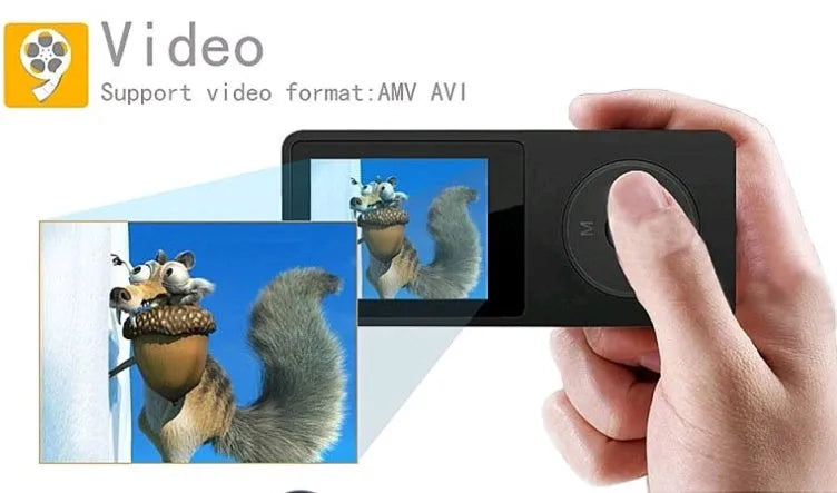 A slim, colourful 1.8-inch screen MP4 player showing a music interface, highlighting its long battery life and FM radio.