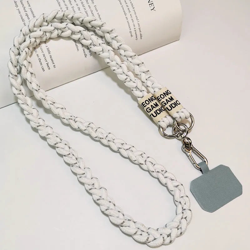 Long crossbody nylon phone lanyard with three-strand horse tail pendant and clip in assorted colours