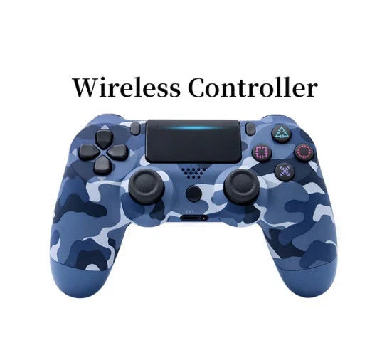 Wireless PlayStation 4 Controller in various color options, including purple, transparent red, grey camouflage, camo blue, and more.