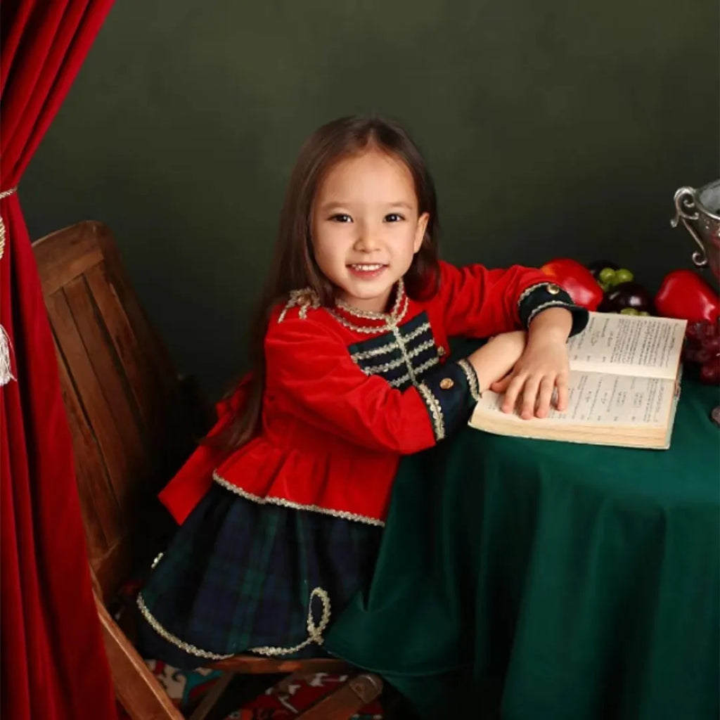 Children's red check polyester princess dress size 80-150cm
