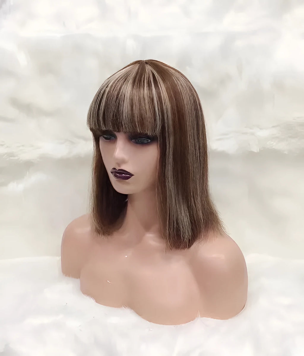 Full Mechanic 4 27 Bob human hair wig in brown with straight bangs, medium length on a mannequin head