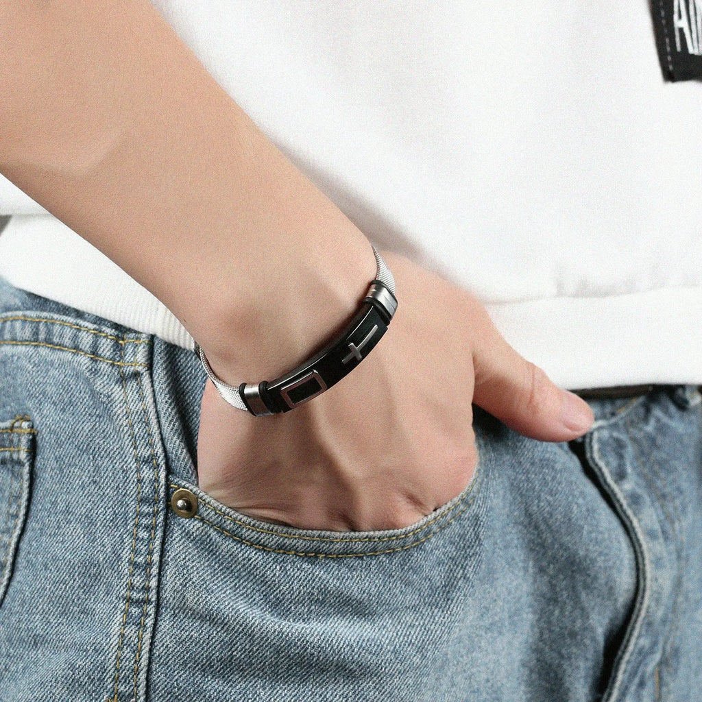 Men's stainless steel bracelet with geometric Korean-style design in multiple colour options including black and golden