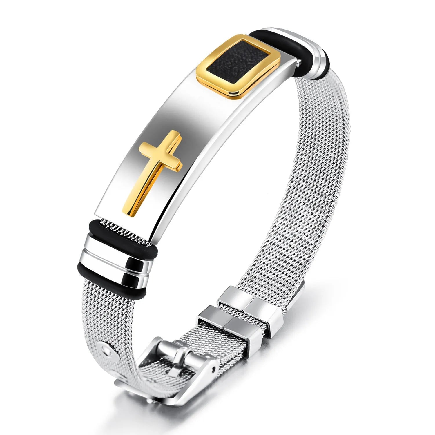Men's stainless steel bracelet with geometric Korean-style design in multiple colour options including black and golden