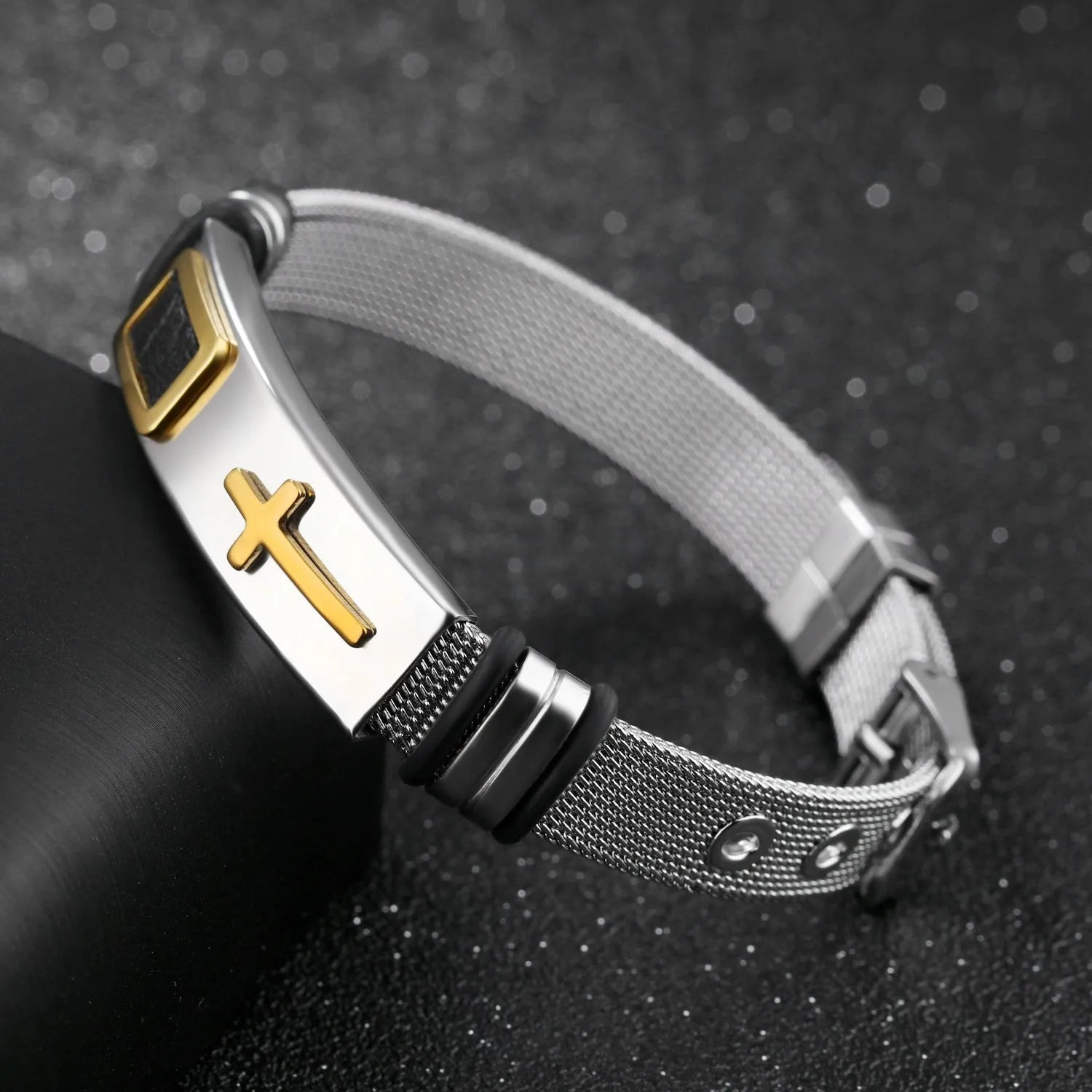 Men's stainless steel bracelet with geometric Korean-style design in multiple colour options including black and golden