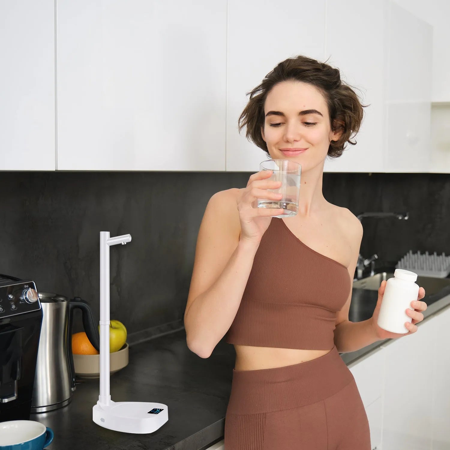 White and blue automatic desktop water dispenser pump with stand and extension pipe.