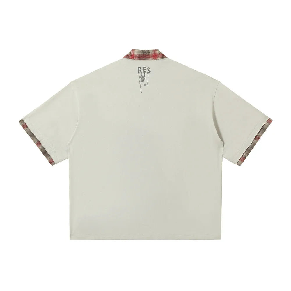 Men's loose fit asymmetric short-sleeved cotton top with graffiti printing on the lapel.