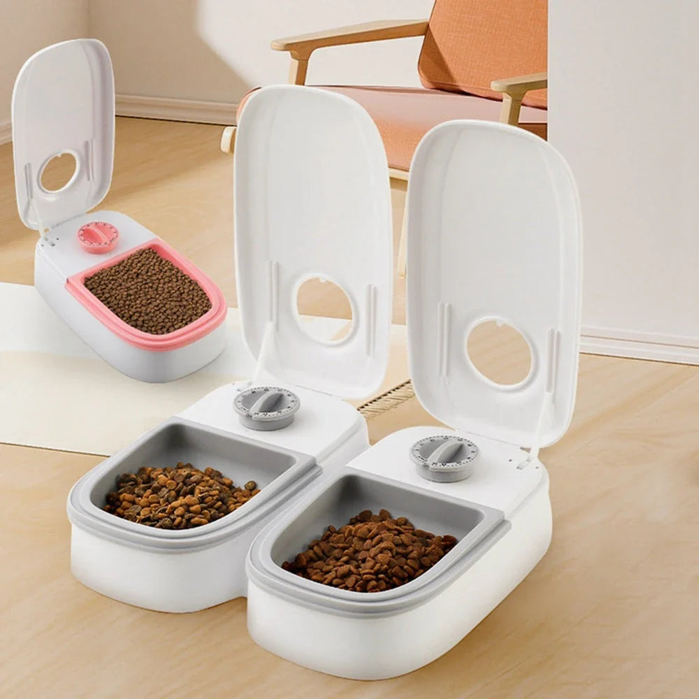 Automatic pet feeder with stainless steel bowl, gravity-powered feeding system for cats and dogs