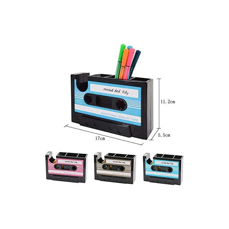 Blue plastic pen holder box 17x5x11.5cm for stationery phone and cables on a desk