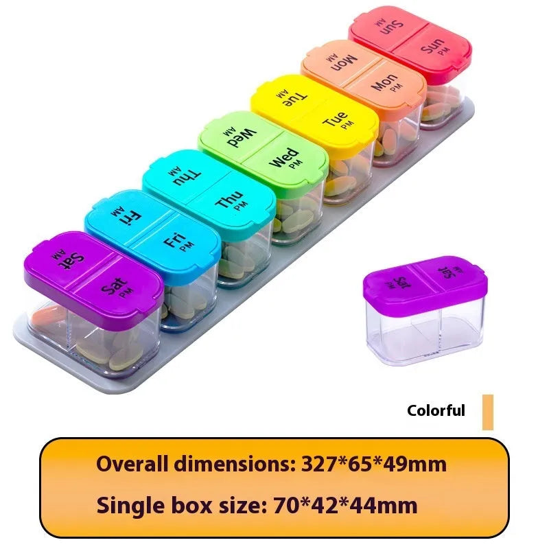 14 compartment portable pill box dispenser with removable sections in white or rainbow colours