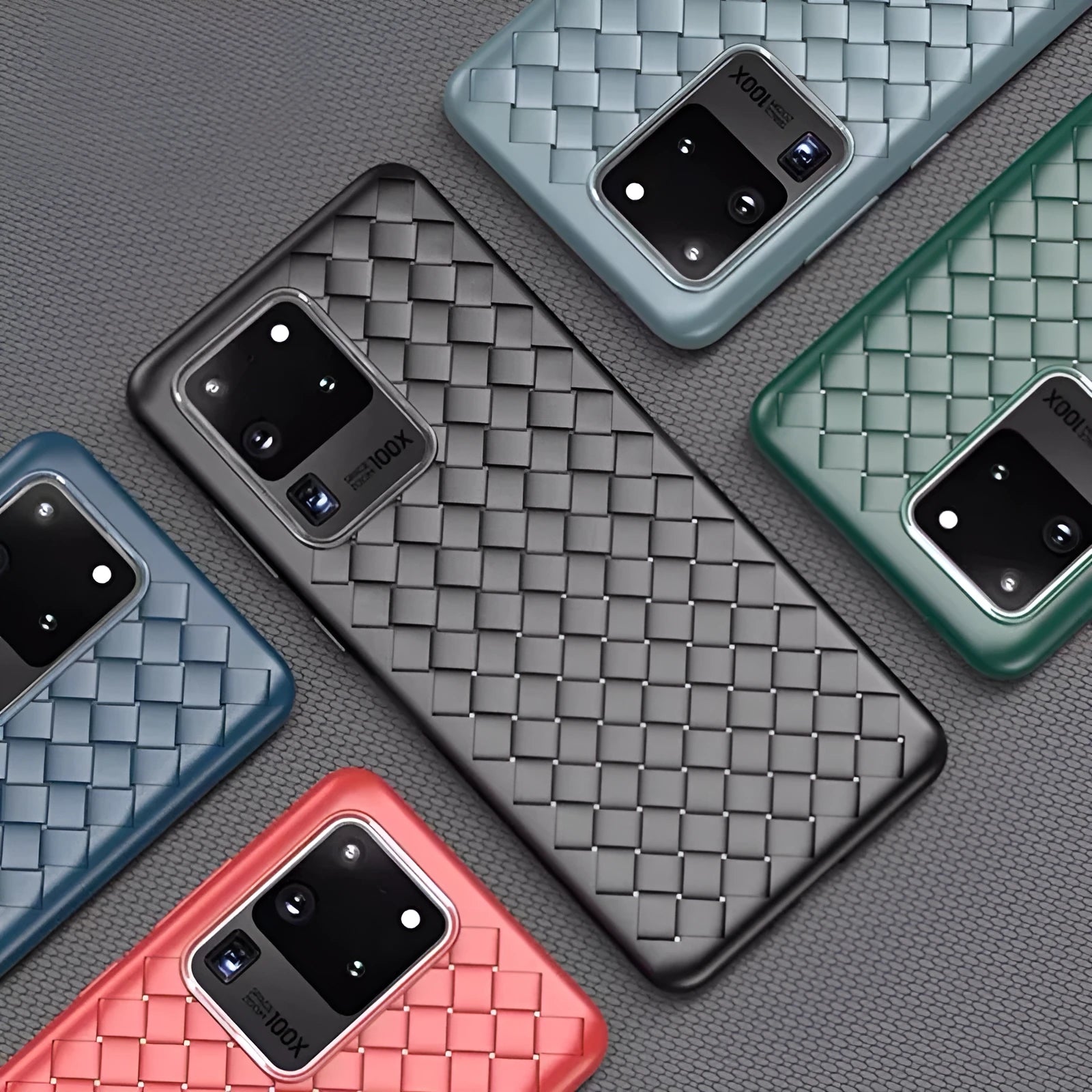 Woven TPU back cover phone case for Samsung Galaxy S20 and Note 10 models in solid colours.