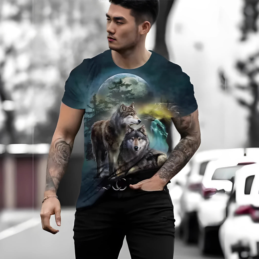 Retro 3D animal print on a men's short-sleeved light grey t-shirt, showing the pullover style and bird eye cloth texture.