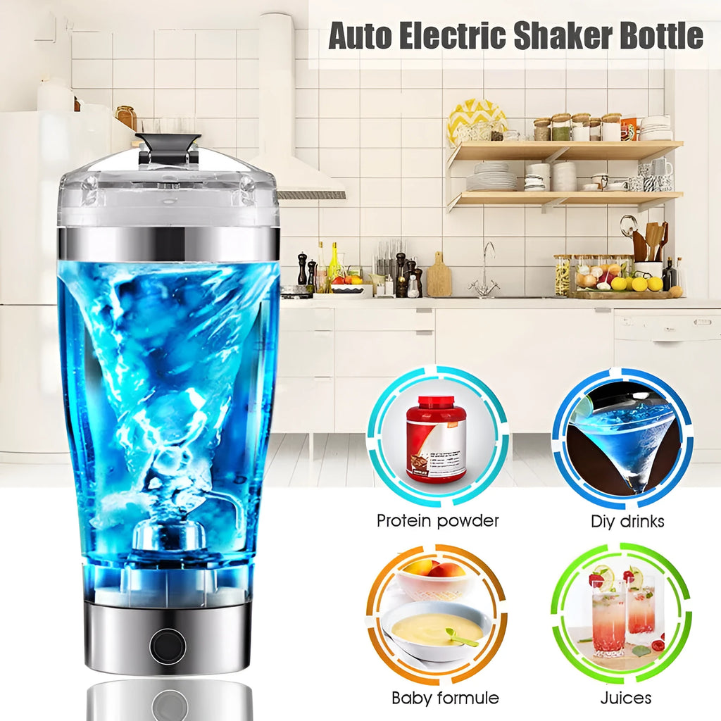 Stainless steel colour USB rechargeable electric blender bottle with motorised lid and 600ml capacity.