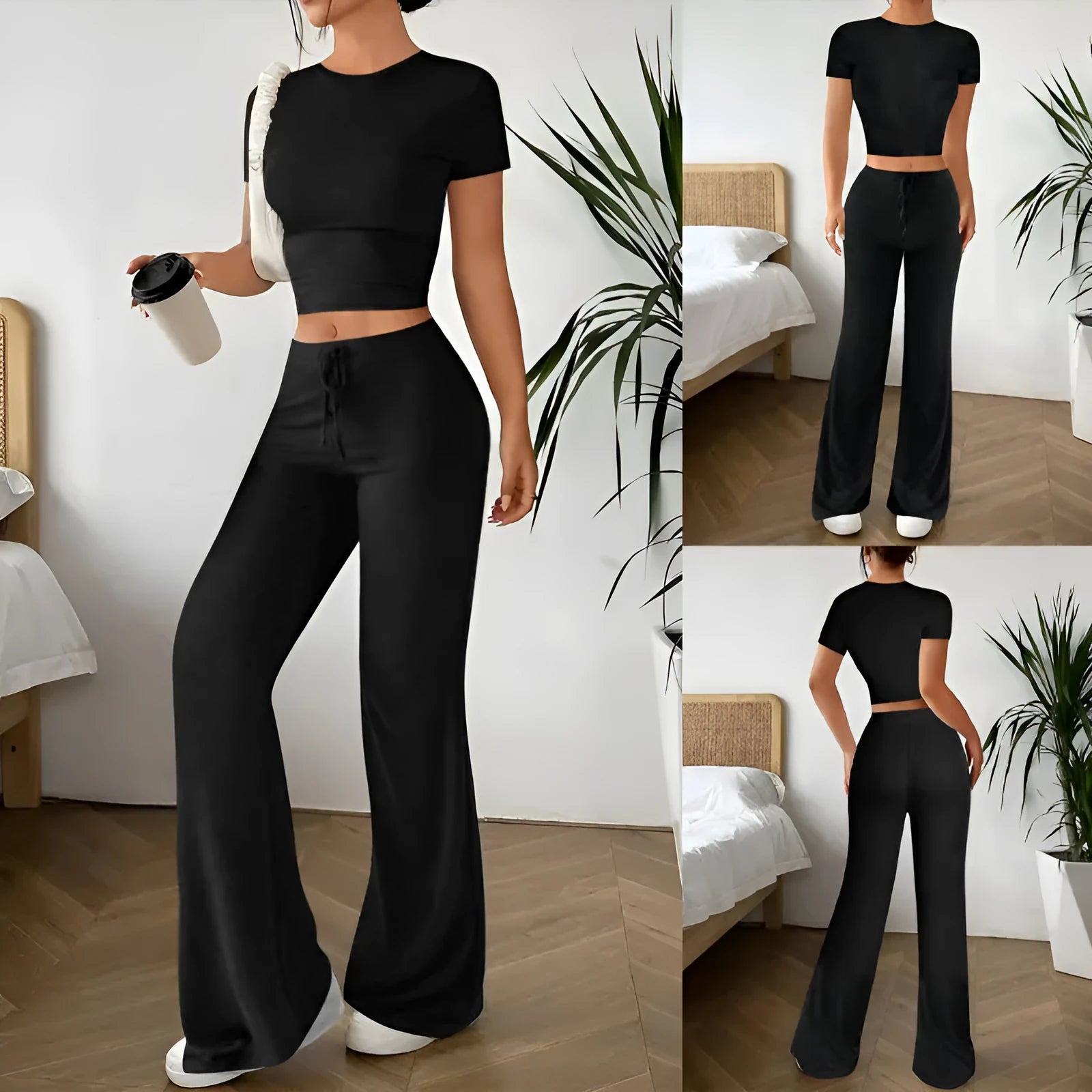 Black high waist trousers and matching short sleeve t-shirt set on hanger